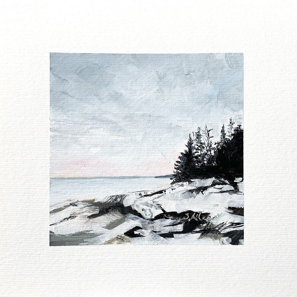 8x8 Maine Original Oil Painting Acadia Winter Snow Coastal New England Signed